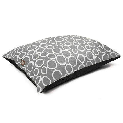 The Majestic Pet Fusion Super Value Dog Bed is a rectangular bed with a gray cover displaying overlapping white circles and ovals, filled with high loft polyester fiber for comfort, shown against a white background.