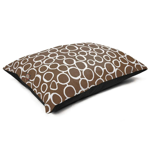 The Majestic Pet Fusion Super Value Dog Bed features a rectangular brown design with irregular white circles and ovals, is machine washable, filled with high loft polyester fiber for extra comfort, and ideal for use on any flat surface.