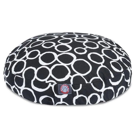 The Majestic Pet Fusion Round Dog Bed is black with a white circular pattern and a small paw print logo. It has a removable, washable cover for easy cleaning.