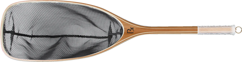 The Blue Ribbon Nets Gallatin fishing net features a wooden handle, deep black mesh, and a wrapped grip. It includes a small hanging loop, making it an ideal canoe fishing essential for outdoor recreation enthusiasts.