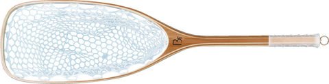 The Gallatin by Blue Ribbon Nets features a wooden handle, white hexagonal mesh, and a hanging loop—ideal fishing equipment for outdoor recreation and canoe trips.