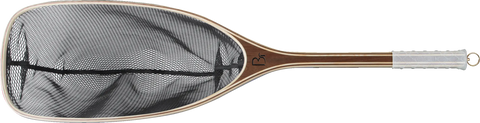 The Blue Ribbon Nets Gallatin features a wooden handle, wide oval black mesh, and a silver loop—ideal for canoe fishing or adding to any outdoor recreation gear collection.