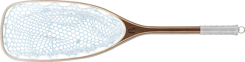 The Blue Ribbon Nets Gallatin fishing net features a wooden handle, wide opening, and clear hexagonal mesh—ideal for canoe or outdoor recreation fishing—shown here against a transparent background.