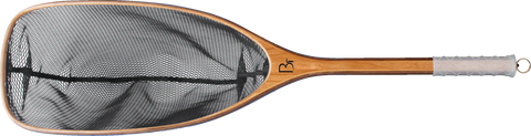 A Blue Ribbon Nets Gallatin fishing net with a wooden handle, clear rubber mesh, and white grip is shown from above on a white background—perfect fishing gear for outdoor enthusiasts.