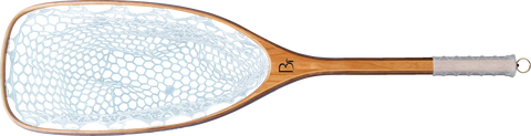 The Blue Ribbon Nets Gallatin fishing net features a wooden frame, white hexagonal mesh, and a wrapped handle—ideal outdoor gear for canoe fishing. Photographed on a white background.