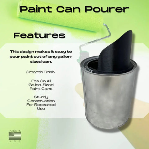 The black Chatelet Manufacturing Gallon Paint Pourer with improved spout fits all gallon cans, ensuring easy pouring and a smooth finish. Sturdy, reusable, and made in the USA—shown inserted into a silver can with a green roller above. No more spills!.