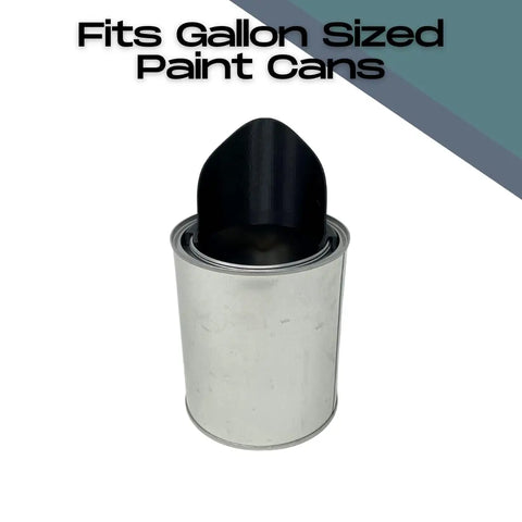 The Chatelet Manufacturing Gallon Paint Pourer, a black plastic improved pour spout, is shown in a silver gallon paint can with “Fits Gallon-Sized Paint Cans - No More Spills” text above on a white background with a diagonal gray stripe.