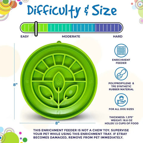 The SodaPup Garden Design ETray is a green, 8" circular slow feeder for all dog sizes, made of polypropylene and TPE rubber. It holds 1.5 cups, has a leaf design, moderate difficulty slider, and promotes enrichment and slow eating.