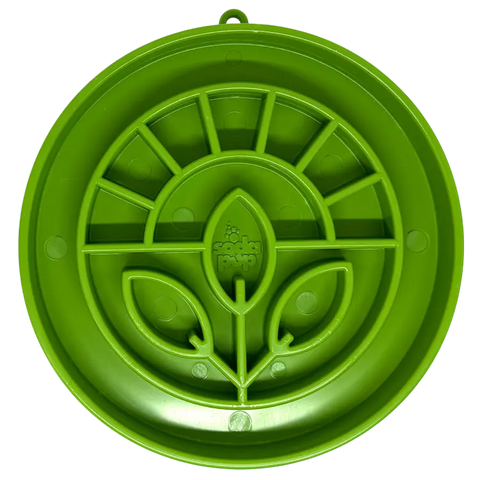The SodaPup Garden Design ETray is a round, bright green plastic slow feeder dog bowl with raised leaf and sun designs, ideal for canine enrichment.