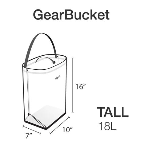 Diagram of the eqpd GearBucket - Methow Map: a tall, rectangular 18-liter tote with a structured rim and handle. Dimensions: 16 high, 10 long, 7 wide—ideal as a watertight bag for any adventure.