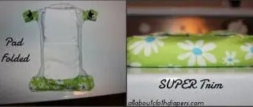 Side-by-side images of a Geffenbaby Jersey Cloth Diaper Prefold (60% hemp/40% organic cotton): left shows it open with the prefold inside; right displays the folded diapers trim, green floral outer layer with white and blue flowers.