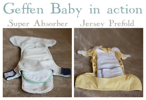 Two cloth diaper inserts are shown side by side: the Super Absorbers Cloth Diaper Insert on the left and Jersey Prefold on the right, both featuring hemp organic cotton layers. Above, text reads Geffenbaby in action.