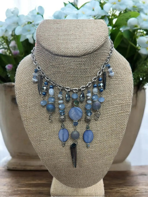 Gemstone Cluster Bib Necklace - Tiger Eye, Turquoise Amazonite, Amethyst, Blue Agate, Apatite, and Sodalite Michelle Marie Boutique  Necklaces