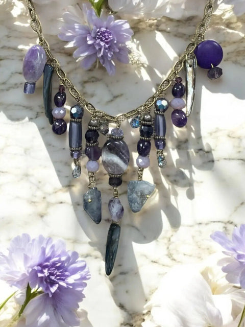Gemstone Cluster Bib Necklace Featuring Tiger Eye, Amethyst, Turquoise Amazonite – Handmade Jewelry | Made in USA Michelle Marie Boutique  Necklaces