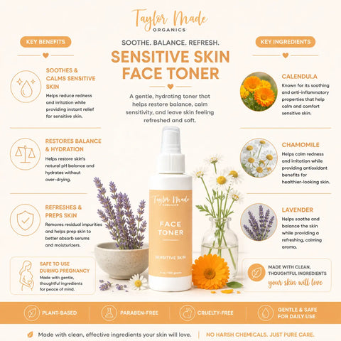Gentle Face Toner for Sensitive Skin 4 Oz – Alcohol-Free Calming Formula with Calendula and Chamomile | Handmade in USA Taylor Made Organics  toner