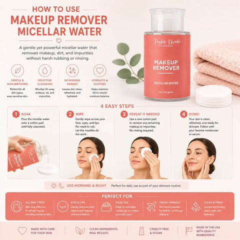 Gentle Micellar Water Makeup Remover 4oz – Hydrating Witch Hazel Formula | Vegan Skincare Made in USA Taylor Made Organics  makeup