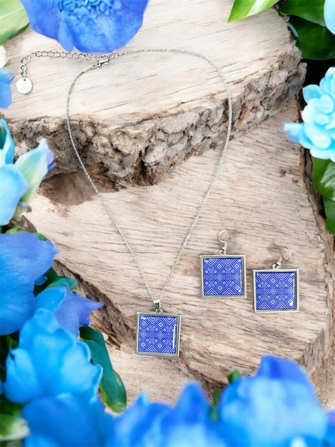 Geometric Mosaic Jewelry Set – Square Pendant Necklace and Earrings – Stainless Steel Resin Finish | Made in USA Michelle Marie Boutique  Jewelry Set
