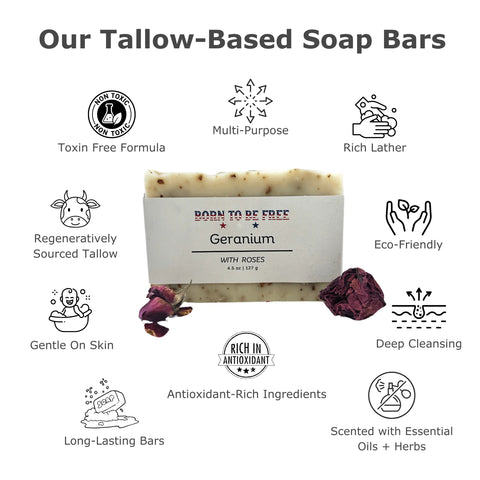 Geranium Rose Natural Tallow Soap Bar 4.5 oz – Nourishing Botanical Cleanser | Made in USA Born to be Free  Soap