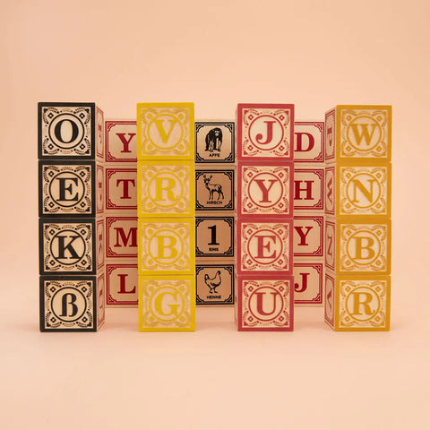 German Language Alphabet Blocks 28 Pc Set – 1.75 Inch Wooden Cubes | Educational Baby Toys Made in USA Uncle Goose  Languages