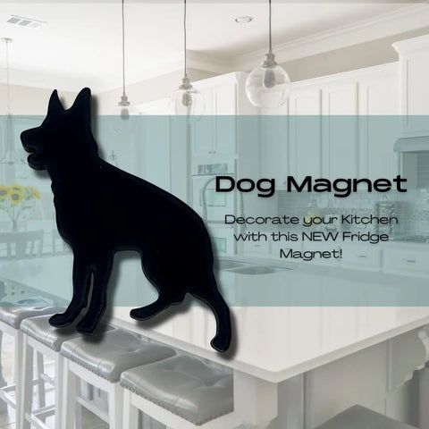 A black German Shepherd fridge magnet from Chatelet Manufacturing is shown on a modern white kitchen. Text: German Shepherd Fridge Magnet – Black. Made in the USA, its the perfect dog lover’s gift to decorate your kitchen!.