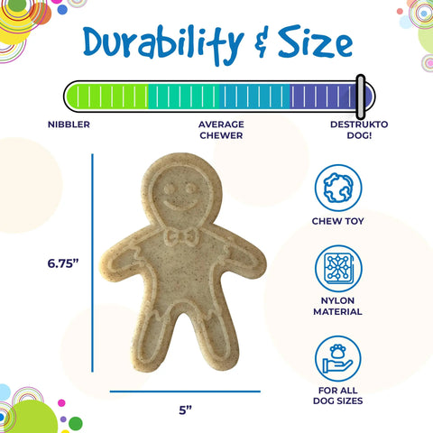 The SodaPup Gingerbread Man Ultra Durable Nylon Dog Chew Toy, 6.75x5, is rated for power chewers, features chew toy and nylon icons, suits all dog sizes, and appears with colorful circles in the background.