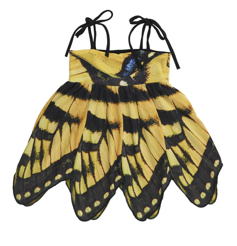 The Kids Yellow Swallowtail Butterfly Dress by Spiritex | Sustainable Apparel features black straps, scalloped edges, and yellow and black wing patterns for a unique, playful look inspired by butterfly wings.