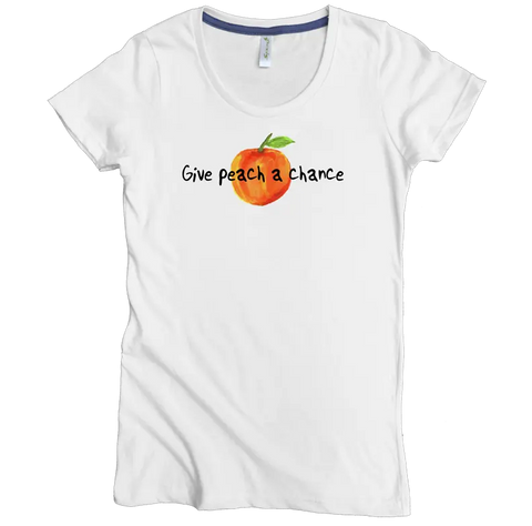 The Give Peach a Chance Graphic Tee by Spiritex | Sustainable Apparel is a womens organic cotton shirt with a watercolor peach and Give Peach A Chance design printed on the front.
