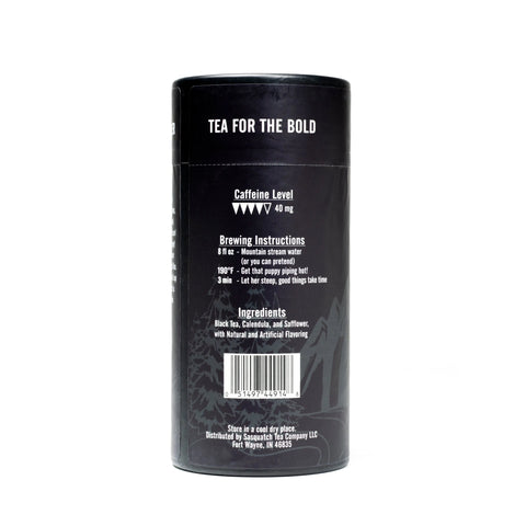 A cylindrical Glacier Bay Grey (Earl Grey Tropical Black Tea) container by My Store labeled Tea For The Bold. The back shows caffeine, brewing instructions, and ingredients—ideal for tropical tea fans—with barcode and storage tips below.