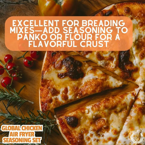 A cheesy pizza on a wooden board with herbs and tomato. Text overlay: Elevate breading mixes—add global flair to panko or flour. Gustus Vitae Global Chicken Air Fryer Spice Collection – Artisanal Six-Pack Blend, Made in USA.