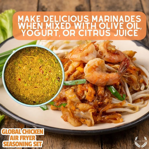 A bowl of shrimp and noodle stir-fry sits by a dish of yellow seasoning. Text above reads: Elevate your meals with Gustus Vitae’s Global Chicken Air Fryer Spice Collection – an artisanal six-pack blend made in the USA for vibrant flavor.