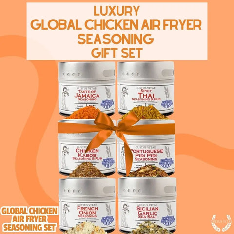 Image of six spice jars labeled: Taste of Jamaica, Thai, Chicken Kabob, Portuguese Piri Piri, French Onion, and Sicilian Garlic Sea Salt. Gustus Vitae Global Chicken Air Fryer Spice Collection – Artisanal Six-Pack Blend. Made in USA.