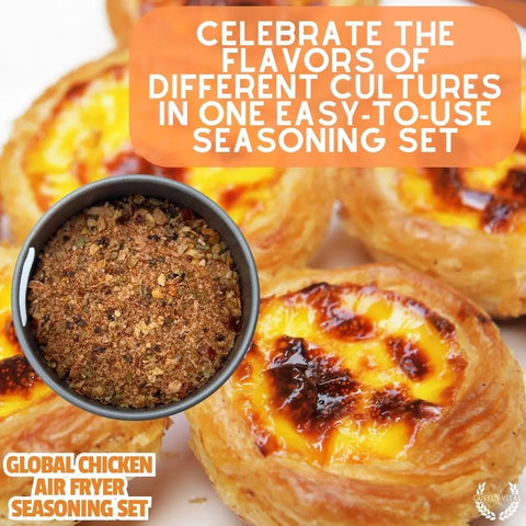 Close-up of golden, flaky egg tarts with a bowl of mixed seasoning. Text reads, "Celebrate global flavors with Gustus Vitae's Global Chicken Air Fryer Spice Collection—an artisanal six-pack blend made in the USA.