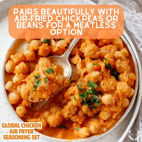 A bowl of chickpea stew with herbs and a spoon. Text overlay: Enjoy with air-fried chickpeas or beans for a meatless meal. Try with Gustus Vitae’s Global Chicken Air Fryer Spice Collection – Artisanal Six-Pack Blend for bold global flavors.
