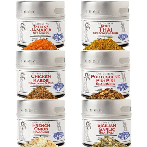 The Gustus Vitae Global Chicken Air Fryer Seasoning Set includes six artisanal spice blends—Taste of Jamaica, Spicy Thai, Chicken Kabob, Portuguese Piri Piri, French Onion, and Sicilian Garlic Sea Salt—perfect for bold chicken dishes and more.