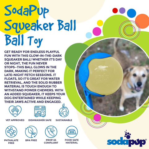 Glow in the Dark Squeaky Dog Ball Toy – Durable Chew & Fetch Toy for Power Chewers 2.8–3 Inch | Made in USA SodaPup  Rubber Dog Toys