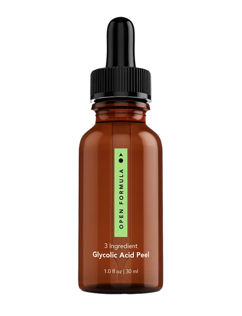 A brown glass dropper bottle labeled Open Formula Glycolic Acid Peel, 1.0 fl oz/30 ml, with a black cap and rubber dropper; this peel exfoliates dead skin cells for a brighter complexion.