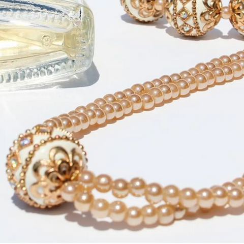 Gold Beaded Champagne Pearl Necklace with Rhinestone Accents – Elegant Jewelry | Made in USA Michelle Marie Boutique  Necklace