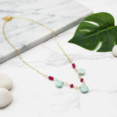 Gold Chain Necklace With Mint Amazonite And Hot Pink Chalcedony Gems – Handmade Montana | Made in USA Alexa Martha Designs  Necklace