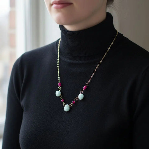 Gold Chain Necklace With Mint Amazonite And Hot Pink Chalcedony Gems – Handmade Montana | Made in USA Alexa Martha Designs  Necklace