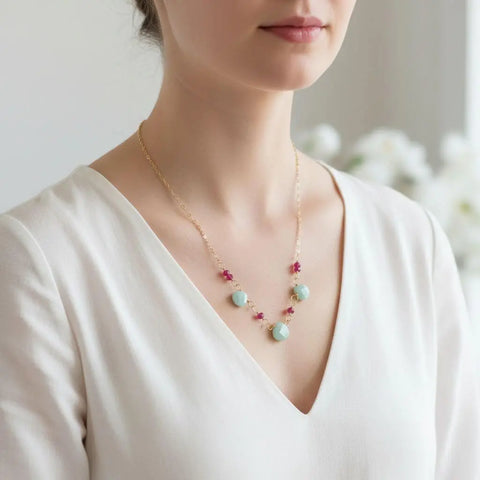 Gold Chain Necklace With Mint Amazonite And Hot Pink Chalcedony Gems – Handmade Montana | Made in USA Alexa Martha Designs  Necklace