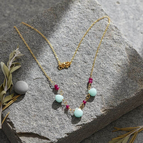 Gold Chain Necklace With Mint Amazonite And Hot Pink Chalcedony Gems – Handmade Montana | Made in USA Alexa Martha Designs  Necklace