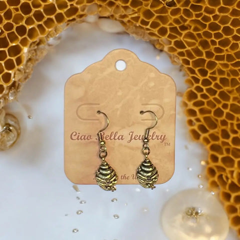 Gold Dangle Bee Hive Earrings – Honeycomb Drop Jewelry – Nature Inspired Design | Made in USA by Michelle Marie Boutique Michelle Marie Boutique  Earrings