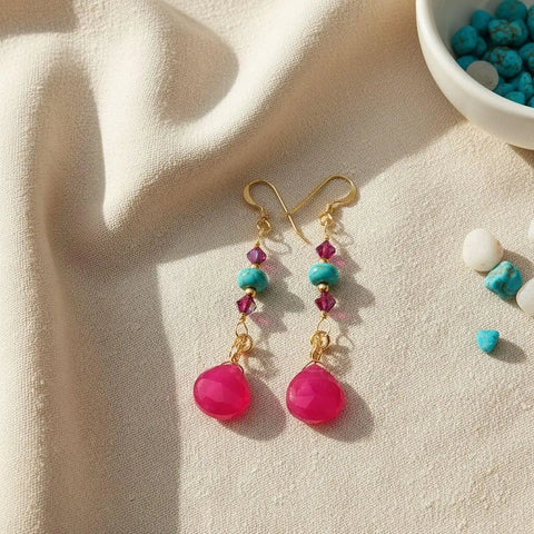 Gold Filled Pink Chalcedony and Turquoise Heishi Bead Earrings – Handmade Wire Wrapped | Made in USA Alexa Martha Designs  Earrings