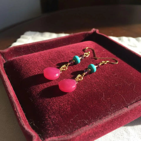Gold Filled Pink Chalcedony and Turquoise Heishi Bead Earrings – Handmade Wire Wrapped | Made in USA Alexa Martha Designs  Earrings
