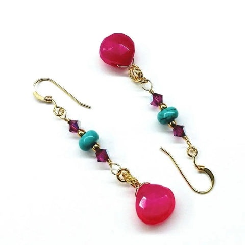 The Alexa Martha Designs Gold Filled Wire Wrapped Pink and Turquoise Gemstone Earrings feature pink chalcedony teardrops, turquoise rounds, and small purple faceted beads arranged in a colorful alternating pattern.