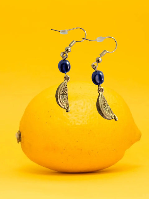 Gold Lemon Earrings With Blue Gemstone Accents | a Bright and Cheerful Way to Add a Touch of Nature to Your Outfit Michelle Marie Boutique  Earrings