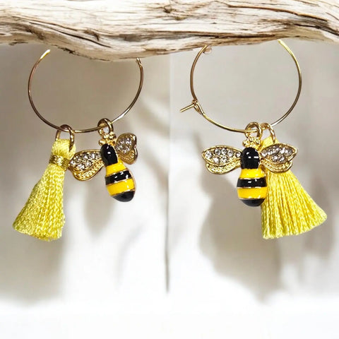 Gold Plated Hoop Earrings With Yellow Tassel And Crystal Bumblebee Charm – Lightweight Alloy Jewelry | Made In USA Michelle Marie Boutique  Earrings