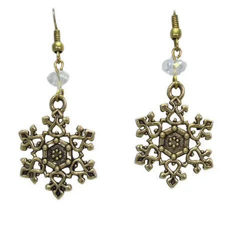 Gold Plated Pewter Snowflake Earrings 1.5 Inch Filigree Design with Crystal Accents – Made in USA | Michelle Marie Boutique Michelle Marie Boutique  Earrings