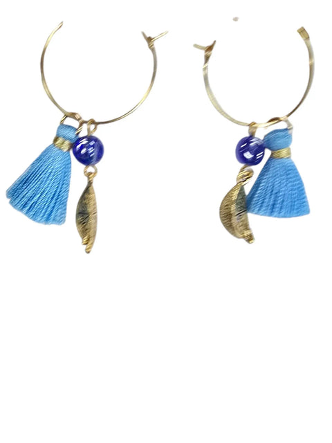 Gold-Plated Stainless Hoop Earrings With Blue Tassel and Lemon Pewter Charm | Unique Citrus Jewelry Michelle Marie Boutique  Earrings
