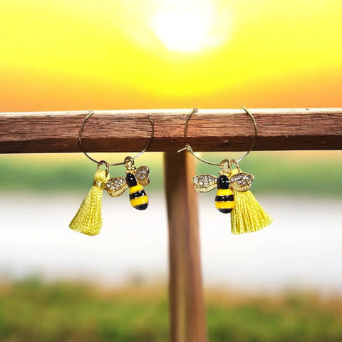Gold-Plated Stainless Hoop Earrings With Yellow Tassel and Bumblebee Charm | Unique Insect Jewelry Michelle Marie Boutique  Earrings